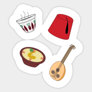 Middle East Starter Pack - Arabic coffee, tarboosh hat, hummus, oud instrument Sticker